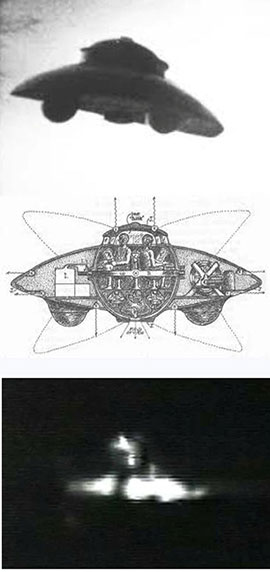  L’UFO fotografato da Adamski negli anni ‘50 (in alto) confrontato con l’oggetto volante ripreso, nel 1991, dagli astronauti dello Shuttle (in basso) e con il velivolo progettato da Tesla persente nell’autobiografia “MY INVENTIONS” pubblicata a puntate su Electric Experimenter del 1919 (al centro). Anche Tesla si era ispirato alla tecnologia aliena?