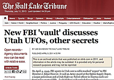Una pagina del “Salt Lake Tribune”. La rivista ha pubblicato nel 2013 documenti ottenuti, su autorizzazione governativa, dagli archivi dell’FBI che confermano che l’UFO crash di Roswell sia effettivamente avvenuto nel 1947 in New Mexico, USA