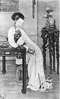 Cixi giovane, quando era la Concubina Yi, con uno dei suoi amati cagnolini, in un disegno cinese.