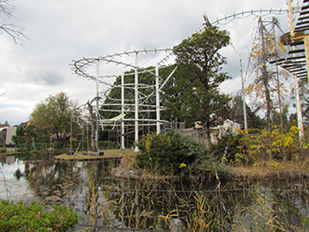 Japan Monkey Centre, the area of Macaca fascicularis, the Japanese macaques, a futuristic structure with elevated walkways and sphere in which to climb for some of the gibbons