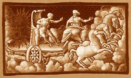  La rappresentazione della discesa di Fetonte sulla Terra con il suo carro celeste affiancato dai suoi due aiutanti di metallo dorato eguali a quelli che, come narra Omero, sostenevano il dio Efesto nel suo lavoro di metallurgico
