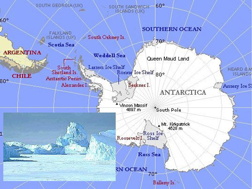 L'immenso continente antartico. La sua superficie è ricoperta da ghiacci dallo spessore di 3-4 chilometri. Non si conosce lo stato del suolo sotto i ghiacci