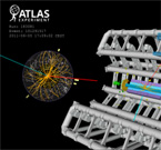 Display of a candidate event for a W boson decaying into one muon and one neutrino from proton-proton collisions recorded by ATLAS with LHC stable beams at a collision energy of 7 TeV.  (Image: CERN)