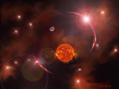 Rappresentazione artistica della stella Tcp J05074264+2447555 vista con il metodo della lente gravitazionale (fonte: A. Nucita/Ansa)