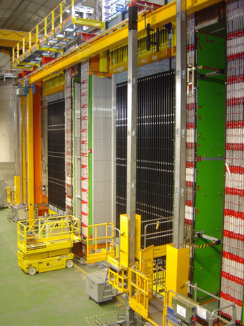 View of the OPERA detector (on the CNGS facility) with its two identical Super Modules, each one containing one target section and one spectrometer  (Image: CERN)