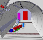 Illustration en 3D du futur détecteur FASER dans le tunnel TI12. Le détecteur est aligné avec précision sur l'axe de collision d'ATLAS, à 480 m du point de collision. (Image: FASER/CERN)