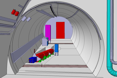 A 3D picture of the planned FASER detector as seen in the TI12 tunnel. The detector is precisely aligned with the collision axis in ATLAS, 480 m away from the collision point. (Image: FASER/CERN)
