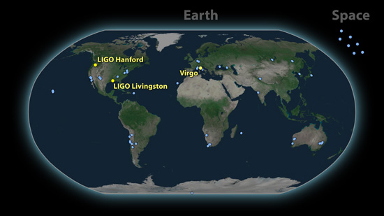 Una mappa dei circa 70 osservatori che hanno rilevato l'evento delle onde gravitazionali. Credit:  LIGO 