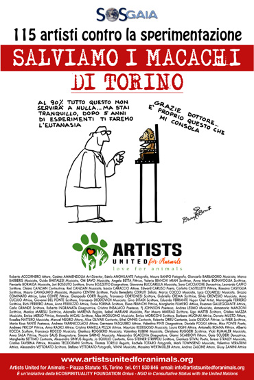 Il manifesto divenuto emblema della battaglia contro la sperimentazione sui macachi, basato su una vignetta del disegnatore di fama mondiale Bruno Bozzetto, membro di Artists United for Animals e grande difensore degli animali