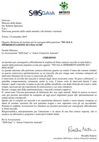 La lettera al Ministro Roberto Speranza in cui le due associazioni SOS Gaia e Artists United for Animals chiedono udienza per la consegna delle firme, a tutt’oggi senza risposta