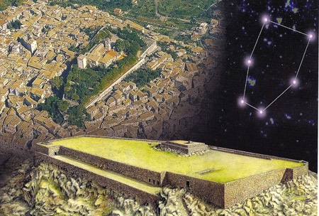 Veduta dall’alto dell’Acropoli di Alatri la cui forma rispecchia la costellazione dei Gemelli 