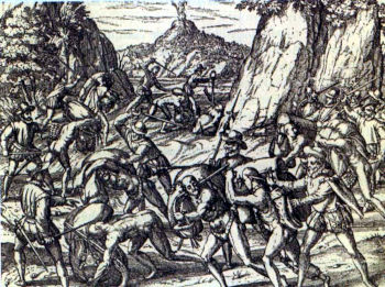 La conquista delle Americhe con la repressione dei Nativi da parte di Cristoforo Colombo in una immagine d’epoca