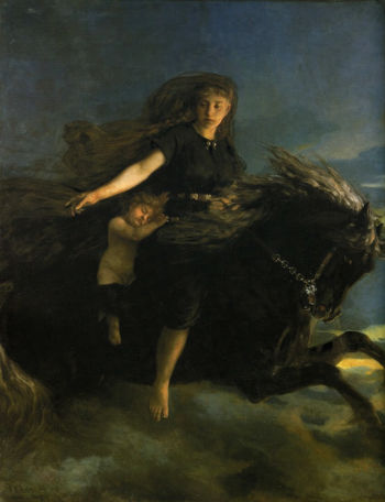 Nótt che cavalca Hrímfaxi in un dipinto di Peter Nicolai Arbo