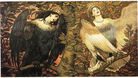 L'Alkonost e il Sirin in un dipinto del 1896 di Viktor Vasnetsov dal titolo “Birds of Joy and Sorrow”