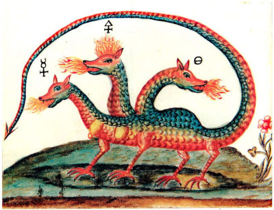 I tre agenti del processo alchemico, Zolfo, Mercurio e Sale simboleggiati nelle tre teste del drago. Il drago nelle tradizioni esoteriche rappresenta il processo evolutivo dell’universo. Da un manoscritto del XVII sec. – Trieste, Biblioteca Civica.