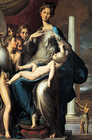 Opera del Parmigianino, pittore dell’inizio del 1500, raffigurante “La Madonna dal collo lungo” – interessante la presenza del simbolismo dell’uovo filosofale