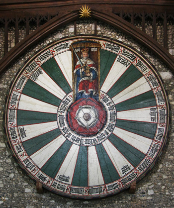 La Tavola Rotonda dove è rappresentato il ritratto di Re Artù in un grande dipinto su legno conservato nel castello normanno di Winchester 