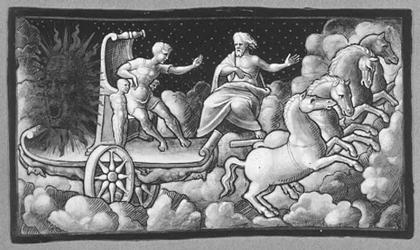 Fetonte raffigurato sul carro del Sole che, contrariamente a quanto riporta Ovidio, gli viene affidato dal padre
