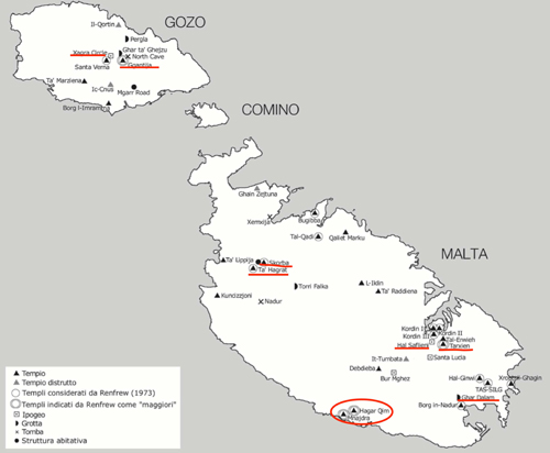 Mappa della distribuzione dei templi nell’arcipelago maltese