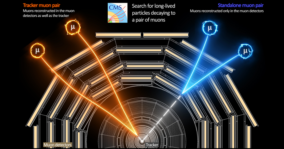 Illustrazione di due tipi di particelle a vita lunga che decadono in una coppia di muoni, che mostra come i segnali dei muoni possono essere fatti risalire al punto di decadimento delle particelle a vita lunga utilizzando i dati del tracker e dei rilevatori di muoni. (Immagine: CMS/CERN)