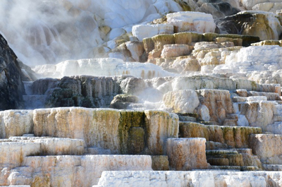 Mammoth Hot Springs, una delle attrazioni del Parco Nazionale di Yellowstone negli Stati Uniti, dove vi sono circa 100 sorgenti termali su una collina che ricopre terrazze di travertino bianchissime, immerse nel vapore