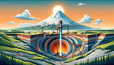 Illustrazione pittorica di un impianto geotermico a camera magmatica. 
