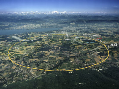 Aerial view of the area where CERN in Geneva is located and the routes of the underground rings of the LHC and SPS accelerators with the position of the main experiments